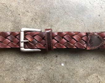 90s Dark Brown Mahogany Leather Woven Belt Adjustable vintage Size M L 32 33 34 35 36  western southwestern 1990s Braided Belt Silver Buckle
