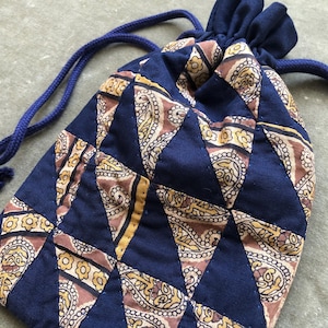 Handmade Japanese Patchwork Small Drawstring Dumpling Kimono Pouch Triangle Quilted Bag Dark Blue Navy Brown Paisley Sashiko Fabric Cotton