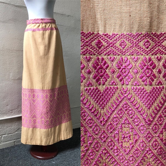 70s Handmade Cotton Woven Flared Boho Maxi Skirt … - image 1