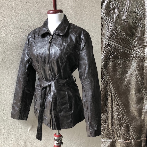 90s Espresso Dark Brown Leather Patchwork Sewn Pi… - image 1