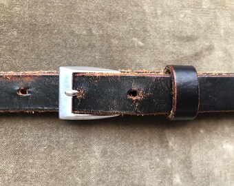 50s 60s Skinny Black Thick Leather Belt Brass Silver Buckle  display picture 2