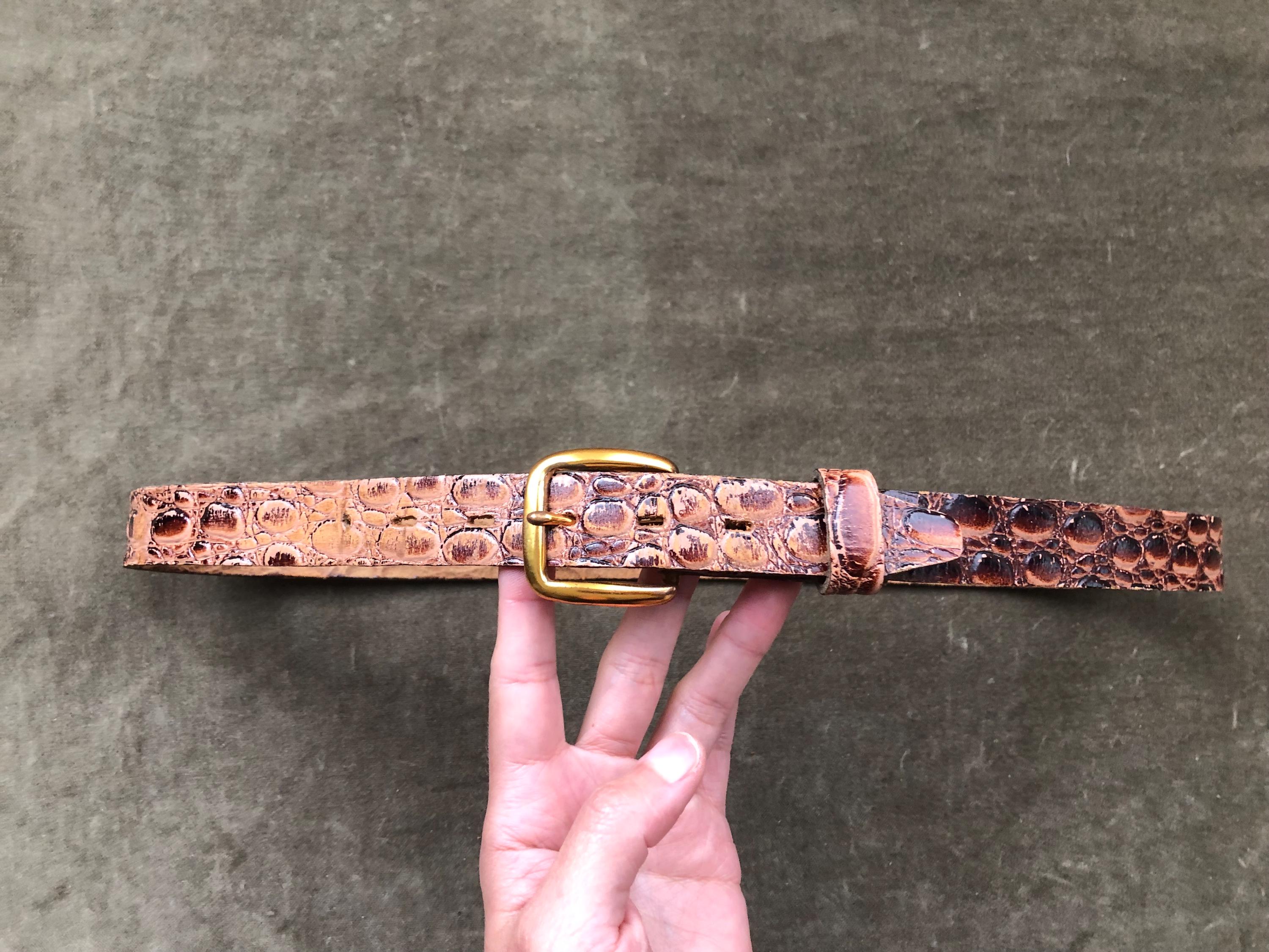 1940s 50s Tan Brown Alligator Croc Embossed Leather Belt Skinny