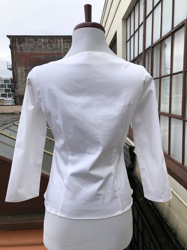 90s Japanese White Cotton Stretch Scoop Neck Button Up Blouse 1990s Long Cropped Sleeve 34 Vintage size S XS Oxford Shirt Top Japan