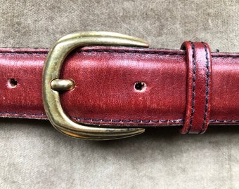 70s 80s Slim Burgundy Cherry Leather Belt Solid Brass Buckle Size 38 39 40 Waist Mens Dress Trouser Belt Mahogany 1970s 1980s Vintage Skinny