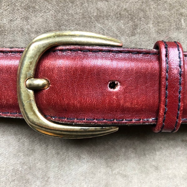 70s 80s Slim Burgundy Cherry Leather Belt Solid Brass Buckle Size 38 39 40 Waist Mens Dress Trouser Belt Mahogany 1970s 1980s Vintage Skinny