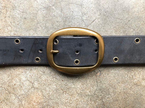 1990s Black Leather Brass Studded Grommet Belt 90s