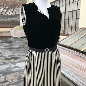 Vintage 60s Long black velvet ivory white satin striped Retro Cocktail gown Handmade Dress Size M L 1960&#39;s 50s long Empire Maxi belted MOD