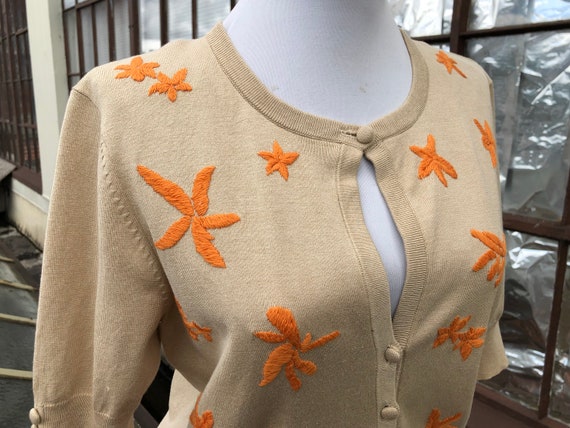 90s Starfish Silk Cotton Knit Beige Orange Embroi… - image 2