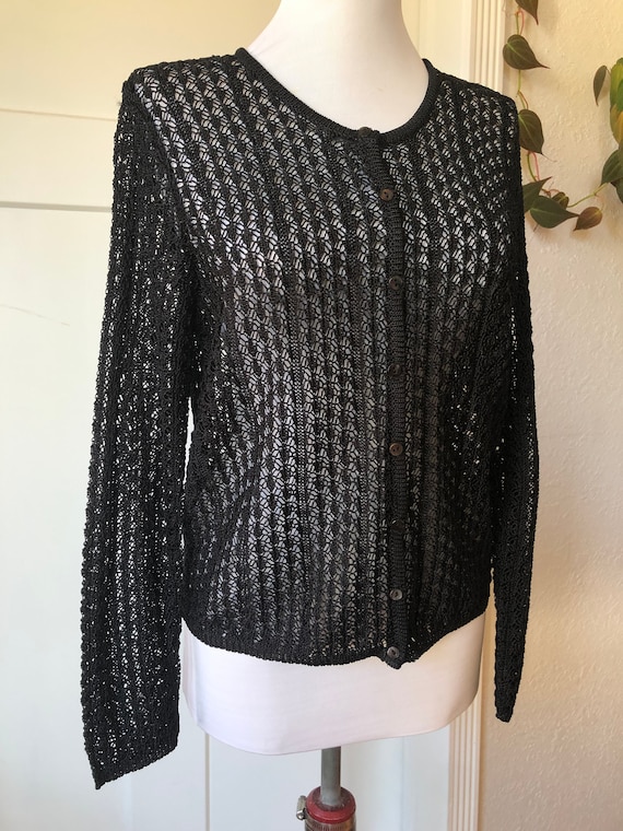 Sheer Lacy Knit Crochet Witchy Boho Black Cardiga… - image 3