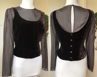 Dark Brown Velvet Sheer Silk Chiffon Button Up Back Fitted Tank Top Corset Bustier Long Sleeve Blouse 1990s y2k Vintage Vest Sexy Cami XS S