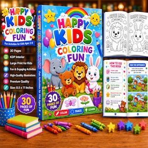以下が含まれることがあります： 虹、太陽、漫画の動物が表紙に描かれた「Happy Kids Coloring Fun」というタイトルの塗り絵。セットには、開いたアクティビティページ、積み重ねられた本、さまざまなクレヨン、星型の装飾品が含まれています。