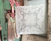 Preview Vintage TAblecloth Luncheon Size Blue White Embroidered Cutowork Lace Floral Shabby Chic