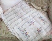 SALE Vintage Linen 15 pc Tablecloth Napkin Set White Rice Linen Japanese Embroidered Needlepoint Garden houses Blue Trim H53