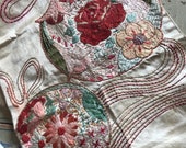 Antique Silk Ribbonwork Lace Boudoir Panel Red Rose Floral Metallic Floss Ribbon H124