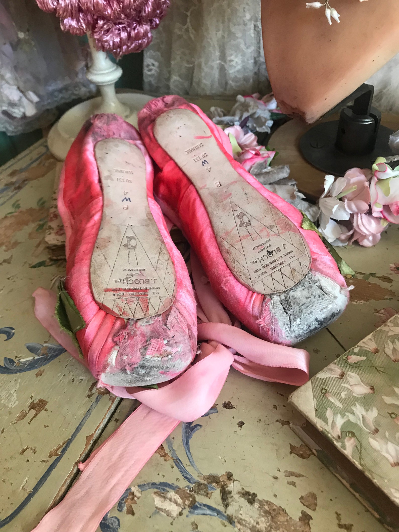 vintage shabby chic coral pink leaf millinery pearl ballet pointe shoes