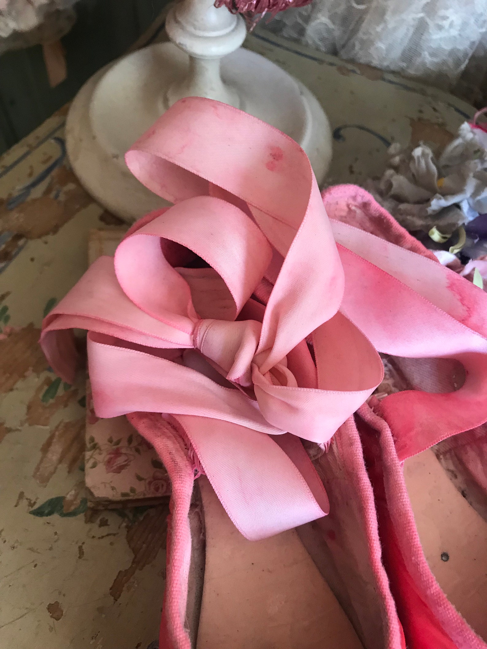 vintage shabby chic coral pink leaf millinery pearl ballet pointe shoes