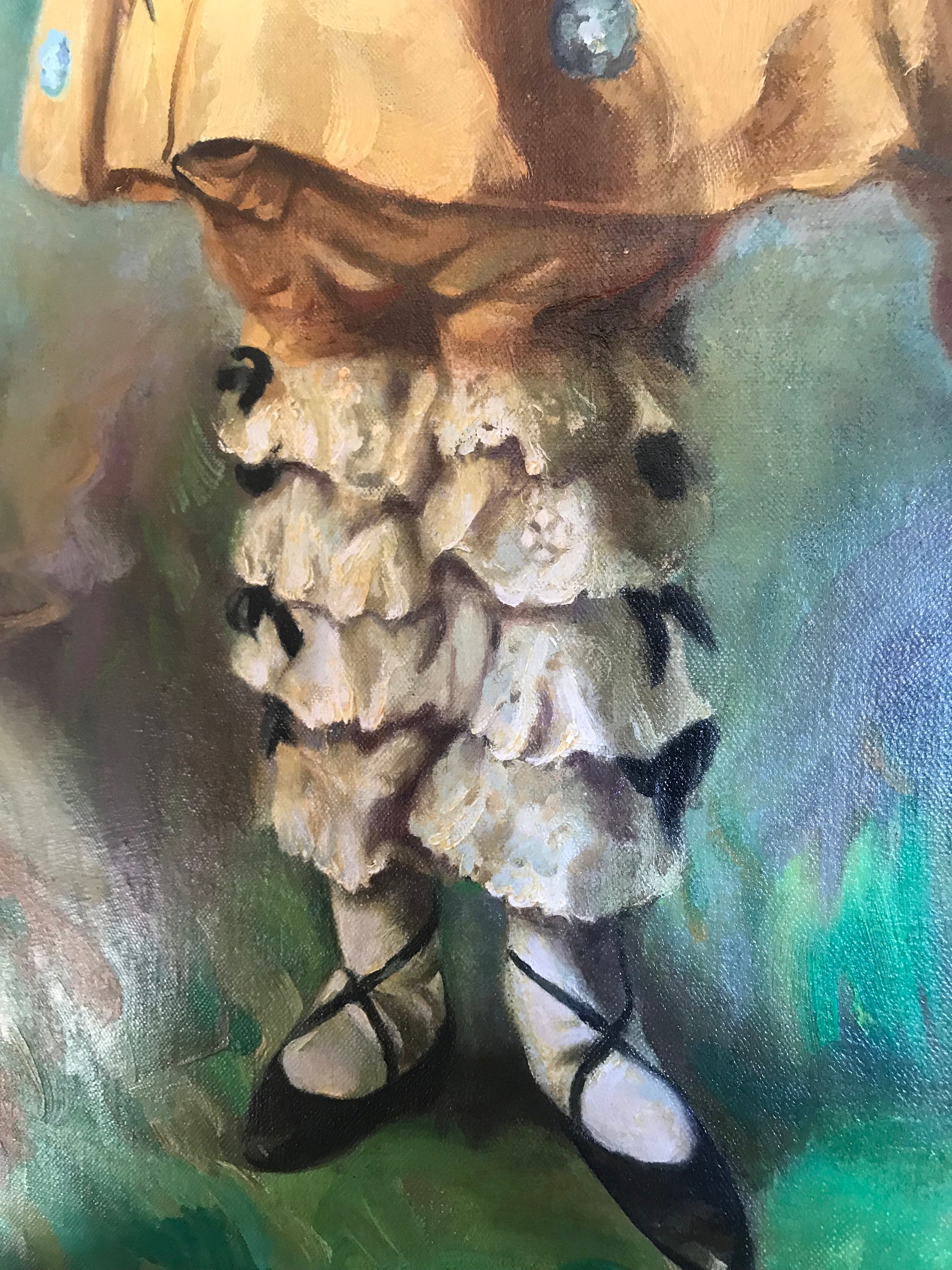 vintage painting little bo peep girl yellow dress ruffled bloomers bonnet ballet shoes vintage painting little bo peep girl yellow dress ruffled bloomers bonnet ballet shoes