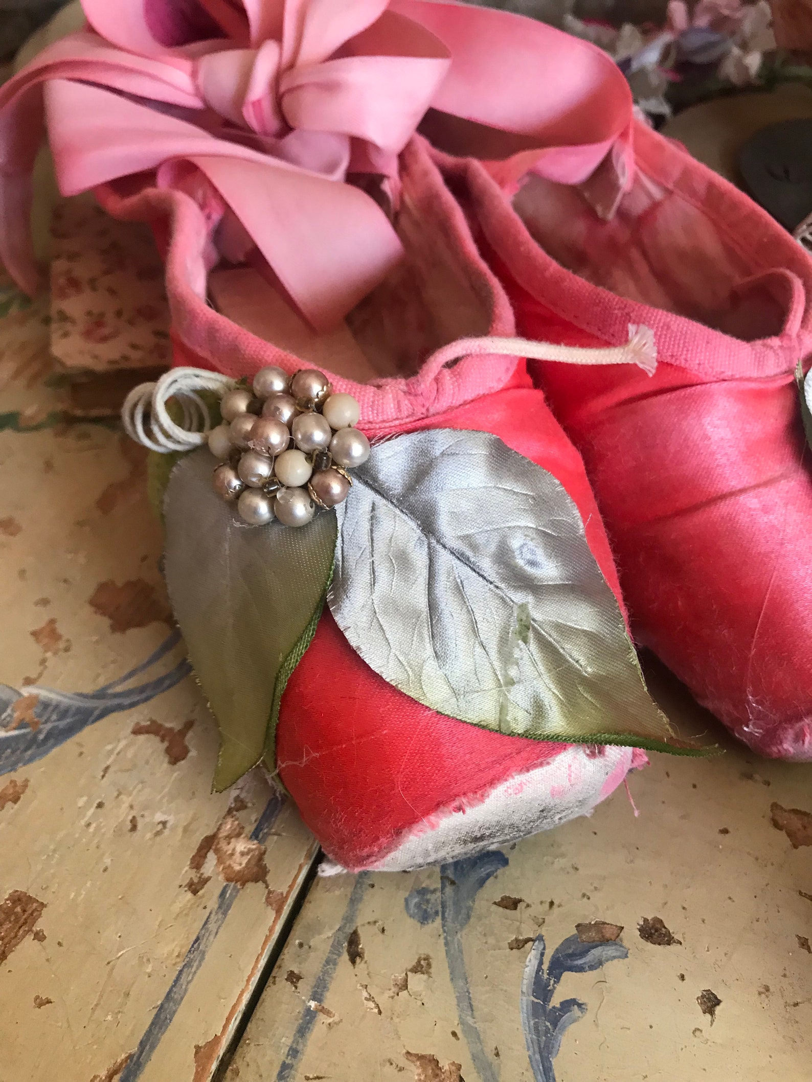 vintage shabby chic coral pink leaf millinery pearl ballet pointe shoes