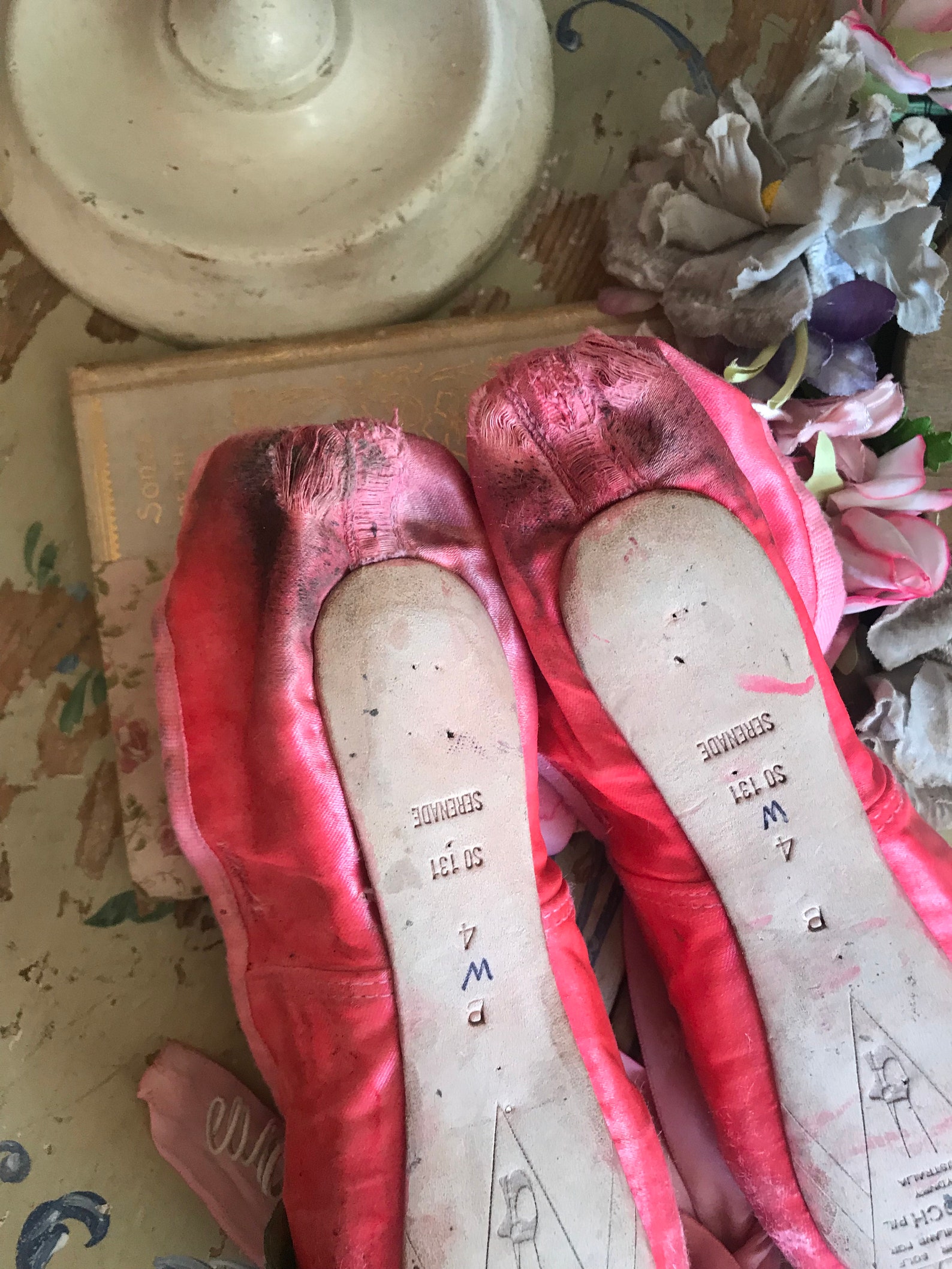 vintage shabby chic coral pink leaf millinery pearl ballet pointe shoes