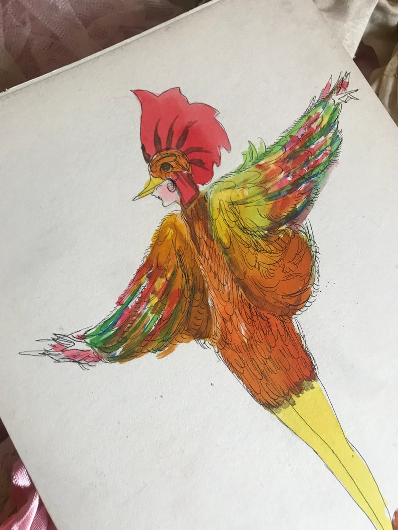 AMAZING Original 1920s Antique Flapper Costume Sketch Drawing Bird Wings Headdress
