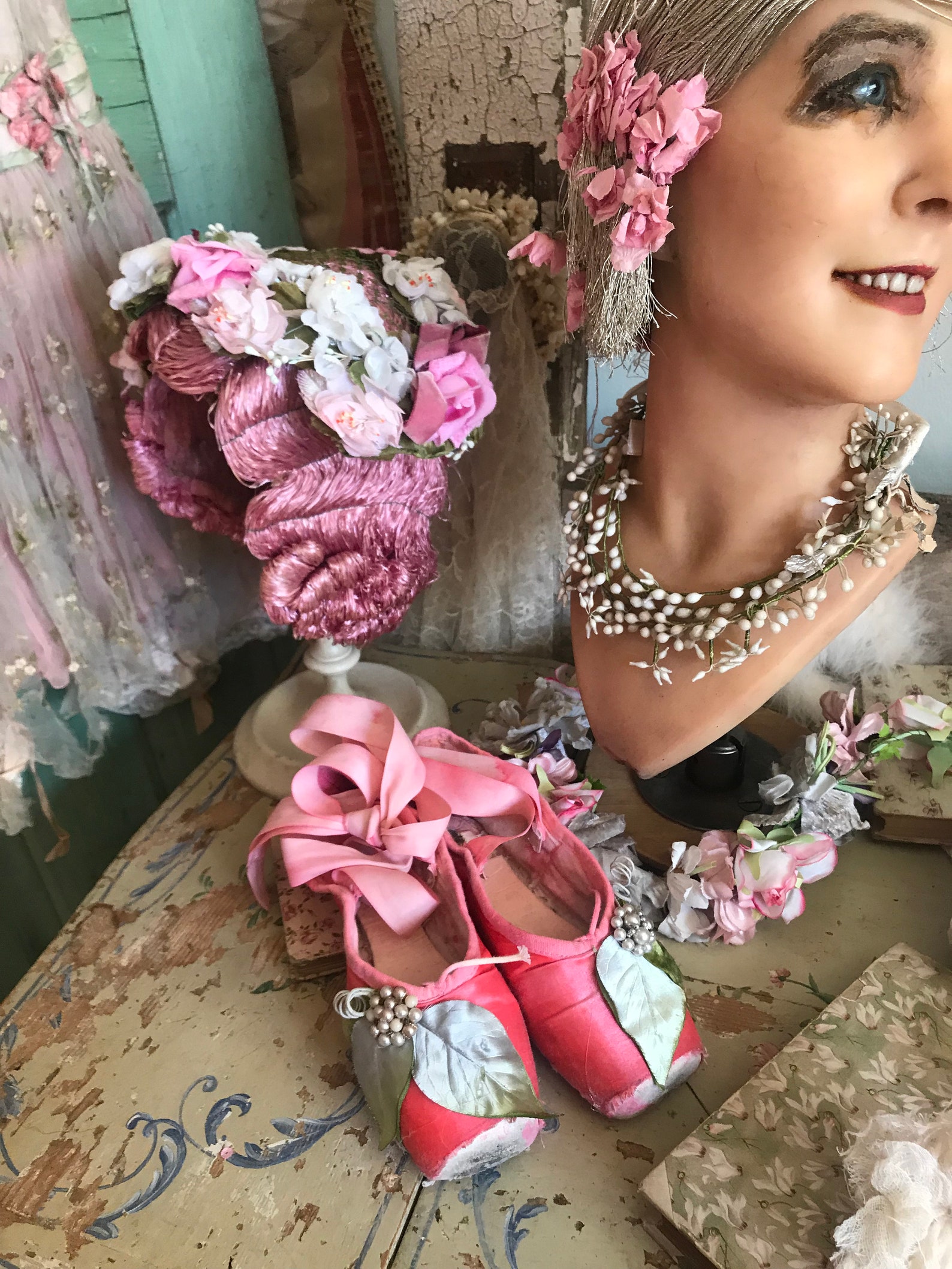 vintage shabby chic coral pink leaf millinery pearl ballet pointe shoes