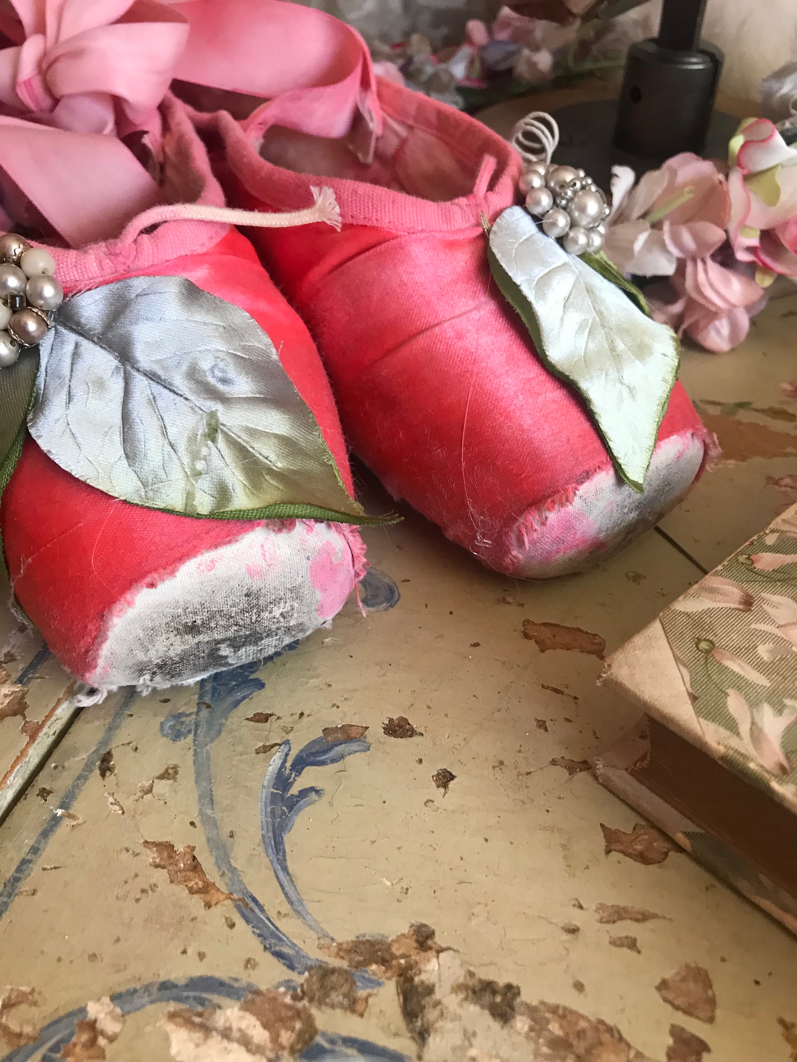 vintage shabby chic coral pink leaf millinery pearl ballet pointe shoes