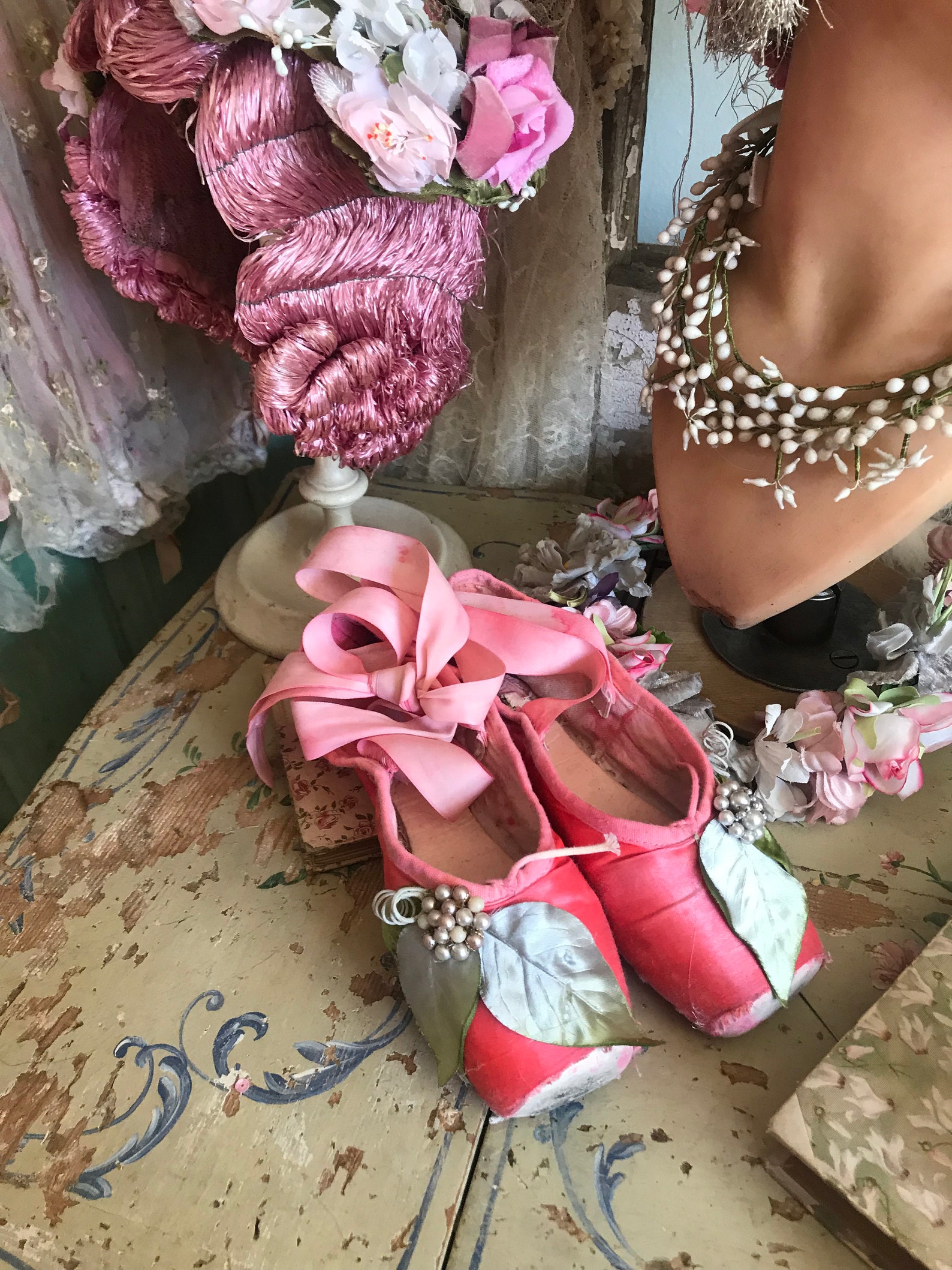 vintage shabby chic coral pink leaf millinery pearl ballet pointe shoes