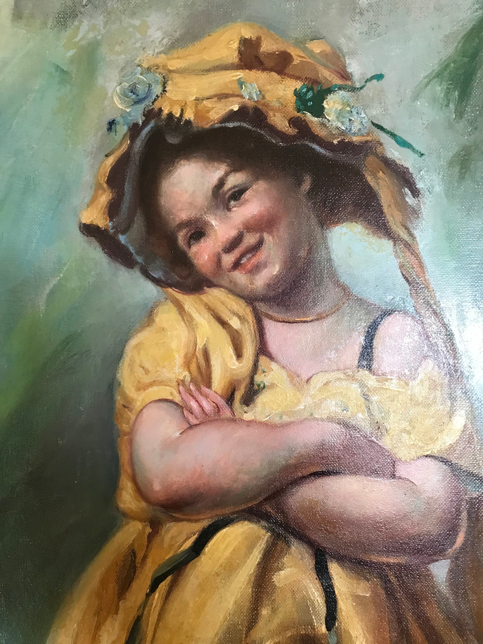 vintage painting little bo peep girl yellow dress ruffled bloomers bonnet ballet shoes vintage painting little bo peep girl yellow dress ruffled bloomers bonnet ballet shoes