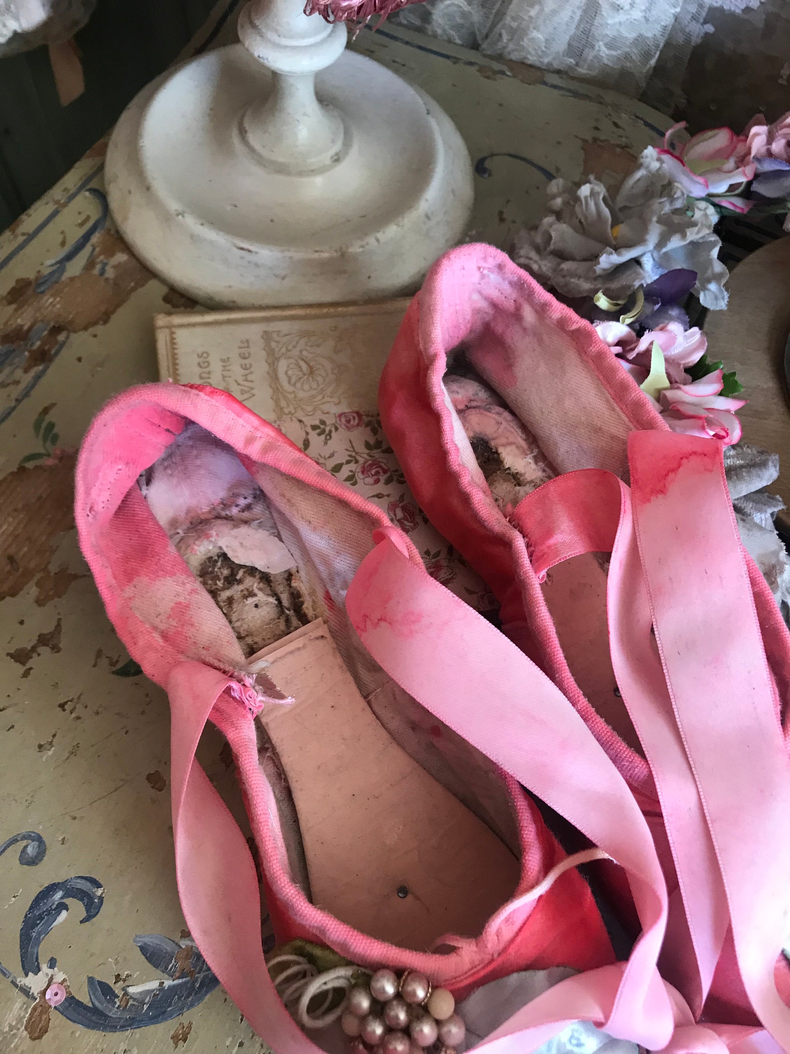 vintage shabby chic coral pink leaf millinery pearl ballet pointe shoes