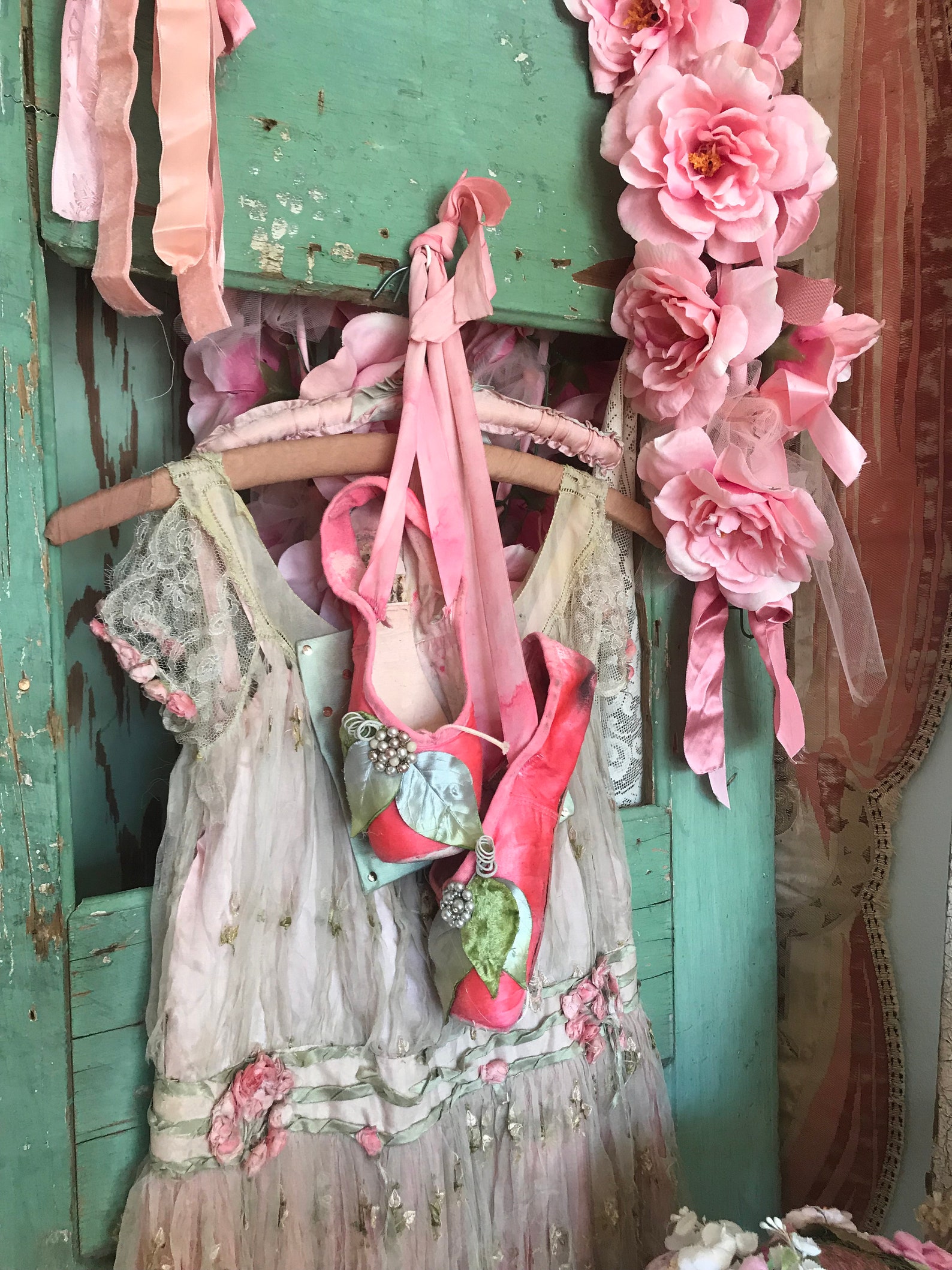 vintage shabby chic coral pink leaf millinery pearl ballet pointe shoes
