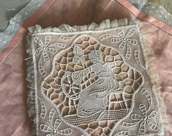 Antique vintage Peach Silk Hankie Holder Cutwork Lace Maker With Polka Dot Lace Hankie K25