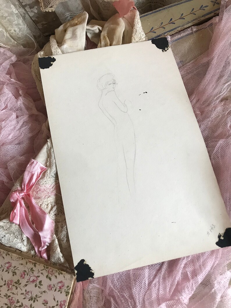 AMAZING Original 1920s Antique Flapper Costume Sketch Drawing Bird Wings Headdress