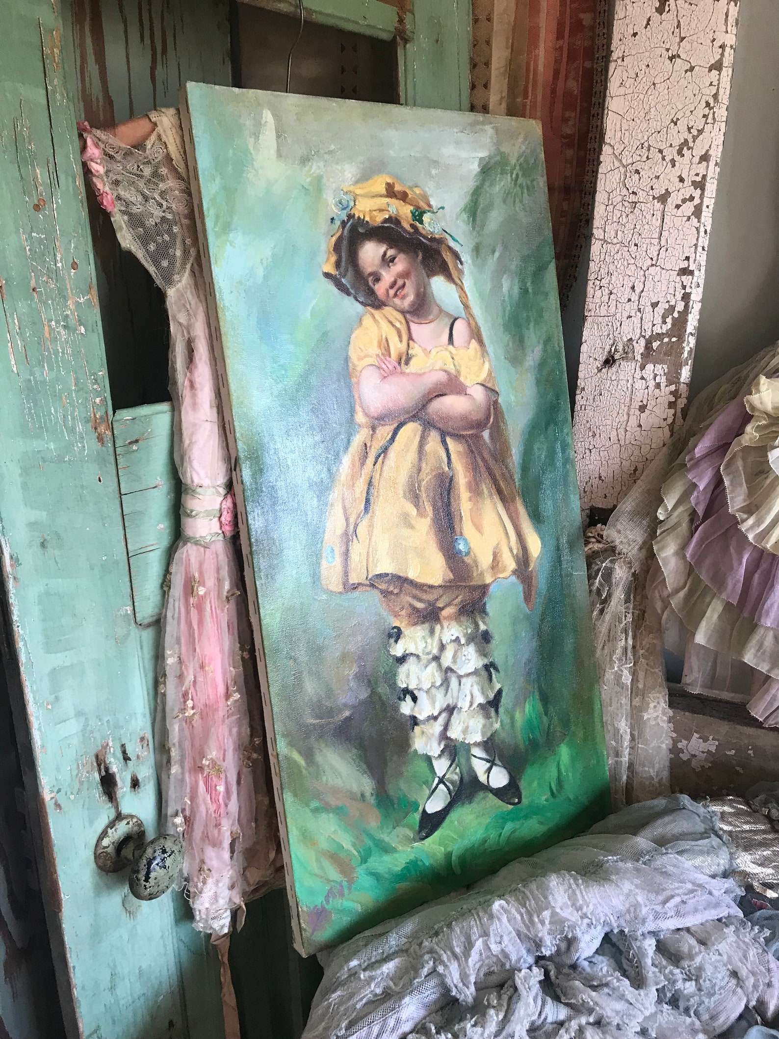 vintage painting little bo peep girl yellow dress ruffled bloomers bonnet ballet shoes vintage painting little bo peep girl yellow dress ruffled bloomers bonnet ballet shoes