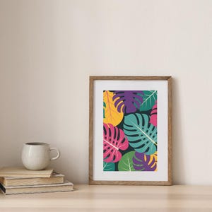 Tropical Wall Art – Botanical Poster with Pop Art Leaves, Colorful Plant Print, Monstera Leaf Art, Modern Jungle Print, Boho Decor