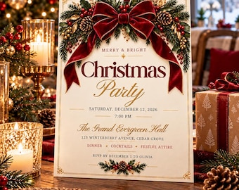 May include: A cream-colored Christmas party invitation card featuring a large red velvet bow, pine branches, and pinecones at the top. The text reads Merry & Bright, Christmas Party, Saturday, December 12, 2026, 7:00 PM, The Grand Evergreen Hall, 125 Winterberry Avenue, Cedar Grove, Dinner, Cocktails, Festive Attire, and RSVP by December 1 to Olivia.