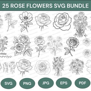 Op de afbeelding: Een bundel van 25 rozenbloem SVG-ontwerpen in zwart en wit. De afbeelding bevat verschillende rozenillustraties, boeketten en individuele bloemen, met de tekst "Happy Birthday". Bestandsformaten zijn SVG, PNG, JPG, EPS en PDF.