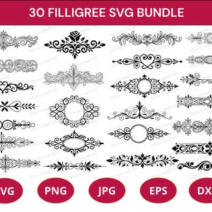Könnte beinhalten: Eine Sammlung von 30 schwarzen Filigran-SVG-Designs, darunter florale und ornamentale Bordüren, Rahmen und dekorative Elemente. Das Bild enthält SVG-, PNG-, JPG-, EPS- und DXF-Dateityp-Symbole.