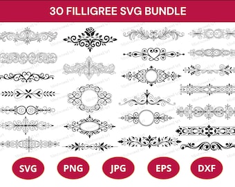 Filigranes SVG-Bundle, elegante Blätterranken-Designs, Vintage-Zierleisten, Wirbelmuster, dekorative Rahmen für Cricut und Laser-Cut