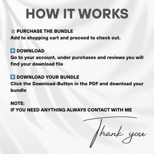 May include: A white graphic with the text "HOW IT WORKS" at the top. The steps include purchasing, downloading, and contacting the seller. The words "Thank you" are written in cursive at the bottom.