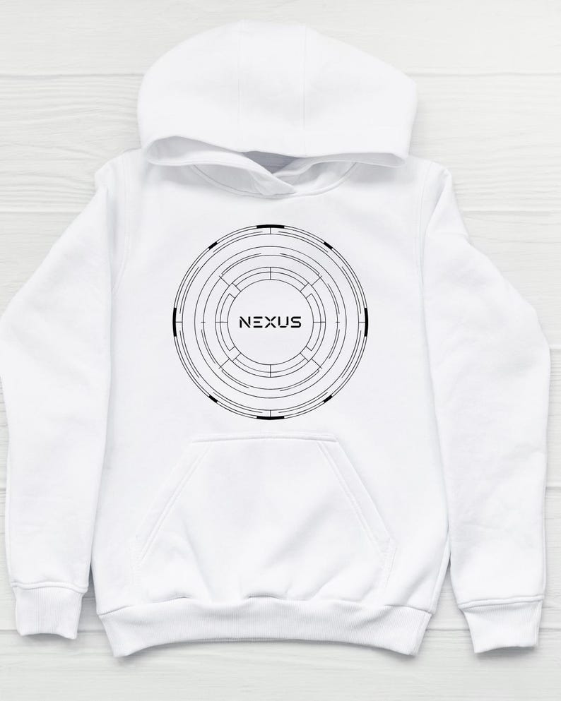 May include: White hooded sweatshirt with a black circular graphic design. The design features concentric circles and the word "NEXUS" in the center. The sweatshirt has a kangaroo pocket and a drawstring hood.