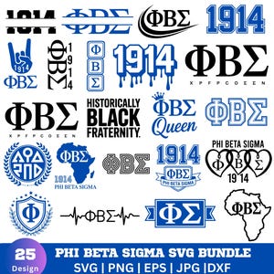 Pode incluir: Uma coleção de 25 designs SVG Phi Beta Sigma em azul e preto. Inclui vários logotipos, o ano de 1914 e as palavras "Historically Black Fraternity" e "Phi Beta Sigma Queen". O pacote inclui arquivos SVG, PNG, EPS, JPG e DXF.