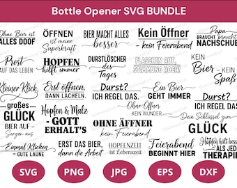 Pode incluir: Um pacote SVG digital com frases alemãs sobre cerveja e abridores de garrafas. Inclui formatos de arquivo SVG, PNG, JPG, EPS e DXF. O texto é em preto, com uma fonte elegante.