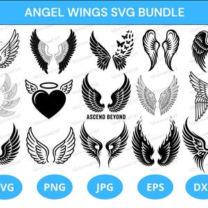 Op de afbeelding: Een verzameling engelenvleugelontwerpen in zwart en wit, met verschillende stijlen en details. De afbeelding bevat de tekst "ANGEL WINGS SVG BUNDLE" en bestandstype-indicatoren zoals "SVG", "PNG", "JPG", "EPS" en "DXF".