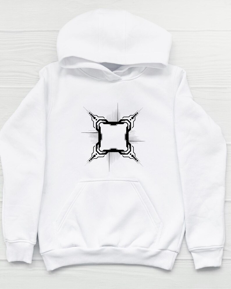 May include: White hoodie with a black geometric design on the front. The design is a square with intricate details and lines radiating outward. The hoodie has a hood and a front pocket.