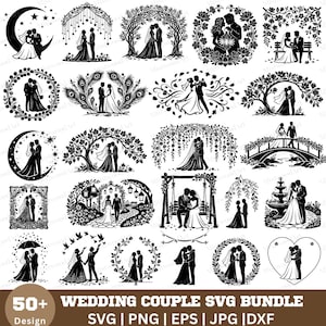 Könnte beinhalten: Eine Sammlung von schwarz-weißen digitalen Illustrationen, die Hochzeitspaare in verschiedenen romantischen Umgebungen wie Bögen, Gärten, Monden und Brücken zeigen. Der Text unten lautet 50+ WEDDING COUPLE SVG BUNDLE SVG | PNG | EPS | JPG | DXF.
