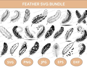 Boho Feather SVG Bundle, Tribal Clipart, Tattoo Stencils (Digital Download)