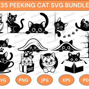 Op de afbeelding: Een verzameling van 35 peeking cat SVG-ontwerpen in zwart en wit. De katten worden afgebeeld in verschillende poses, waaronder het loeren over objecten, in een theekopje en in een geschenkdoos. De afbeelding bevat ook de tekst "35 PEEKING CAT SVG BUNDLE".