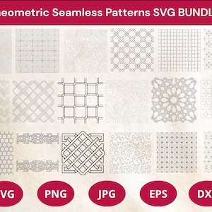 Puede incluir: Una colección de patrones geométricos sin costuras en blanco y negro, mostrados en una cuadrícula. Los patrones incluyen varios diseños como líneas, cuadrículas y formas orgánicas. La imagen también incluye el texto "Geometric Seamless Patterns SVG BUNDLE" e iconos de tipo de archivo.
