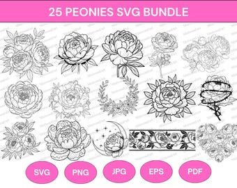 Peony Line Art SVG Bundle: Floral Arrangement, Wedding Flowers (Digital Download)