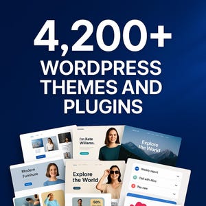 May include: A dark blue graphic with the text "4,200+ WORDPRESS THEMES AND PLUGINS" in white. The image also shows several website mockups with images and text, including "Explore the World" and "I'm Kate Willams."